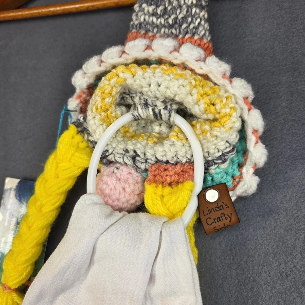 NWT Girl Gnome Kitchen Towel Topper & Towel Handmade Crochet Yellow Pink Teal